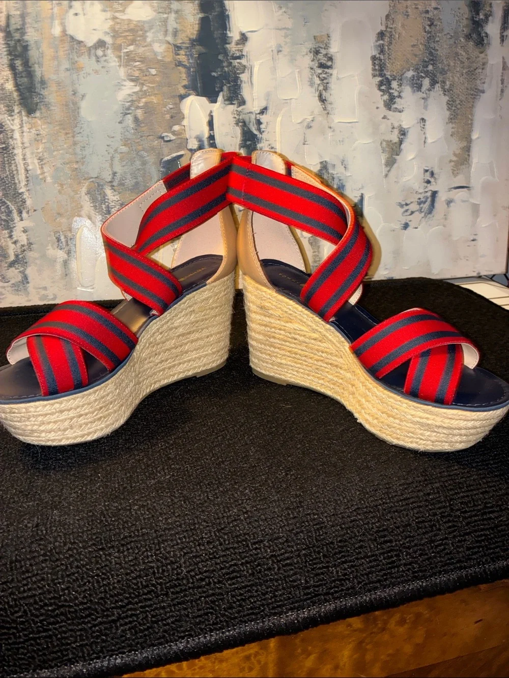 NWT Tommy Hilfiger Red & Navy Striped Espadrille Wedge Sandals Size 7.5